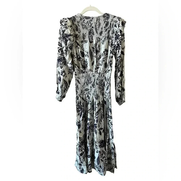 Aqua Women's Linen Blend Smocked Long Sleeve Midi Dress Flower Print Blue Sz XS - Picture 8 of 10